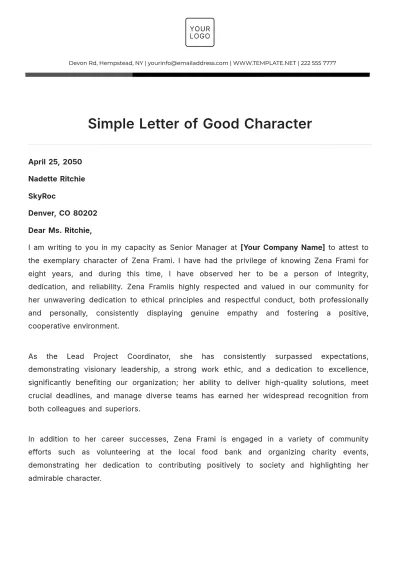 Free Simple Letter of Good Character Template to Edit Online