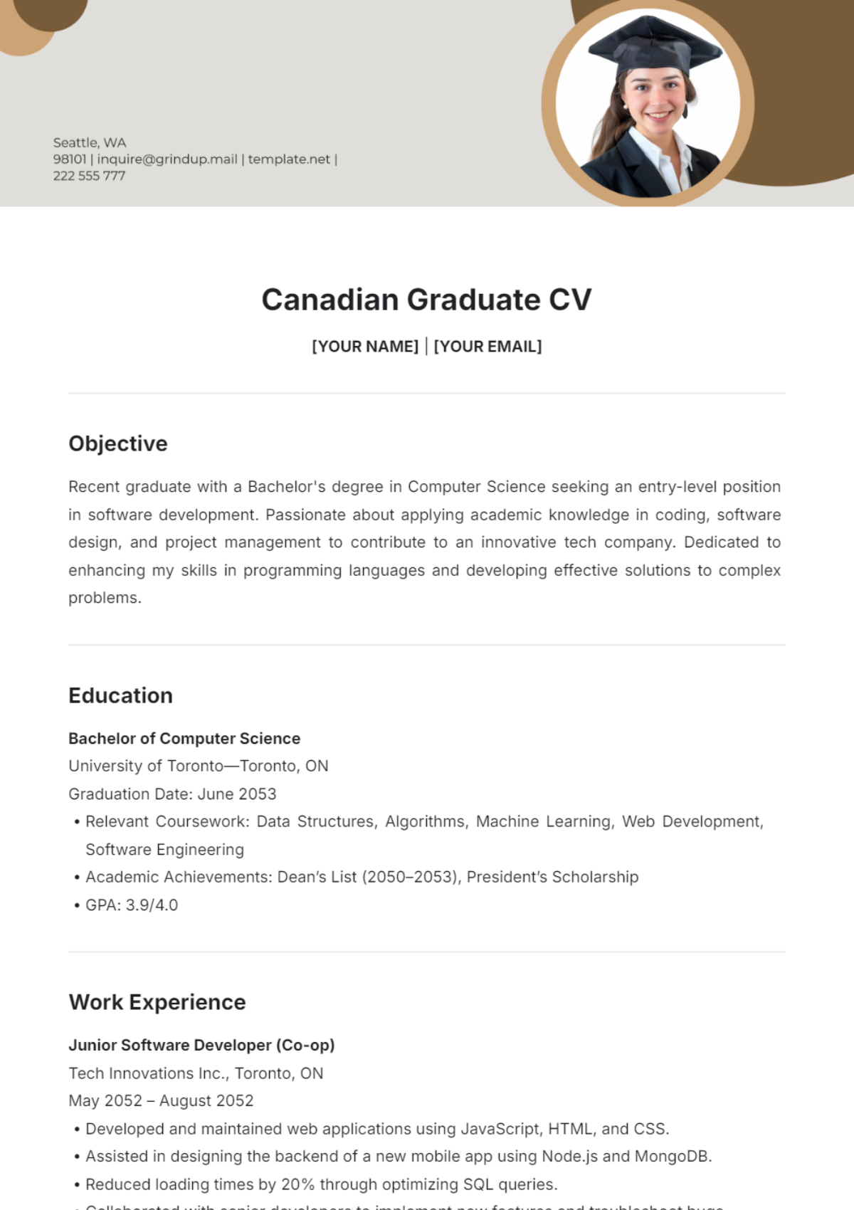 Canadian Graduate CV Template - Edit Online & Download