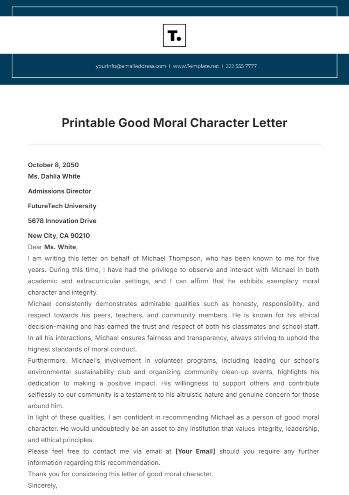 Printable Good Moral Character Letter Template - Edit Online & Download