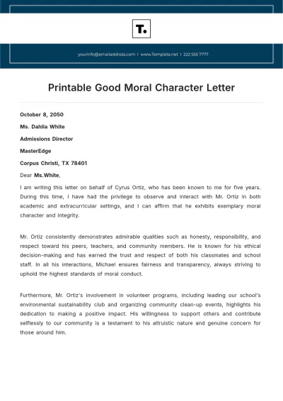 Free Printable Good Moral Character Letter Template to Edit Online