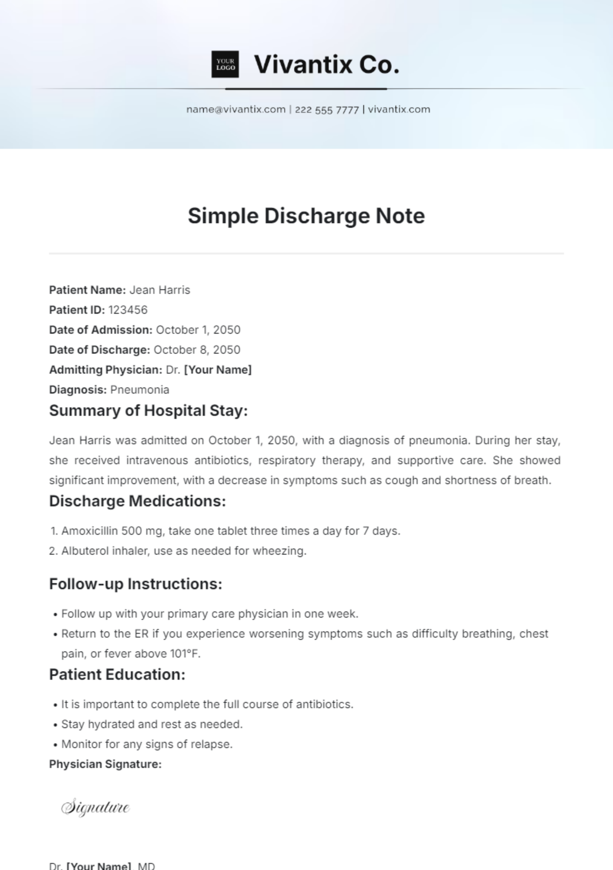 Free Simple Discharge Note Template