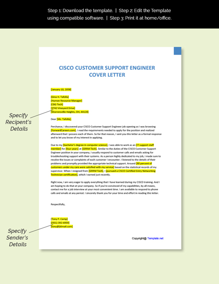 CISCO Customer Support Engineer Cover Letter Template