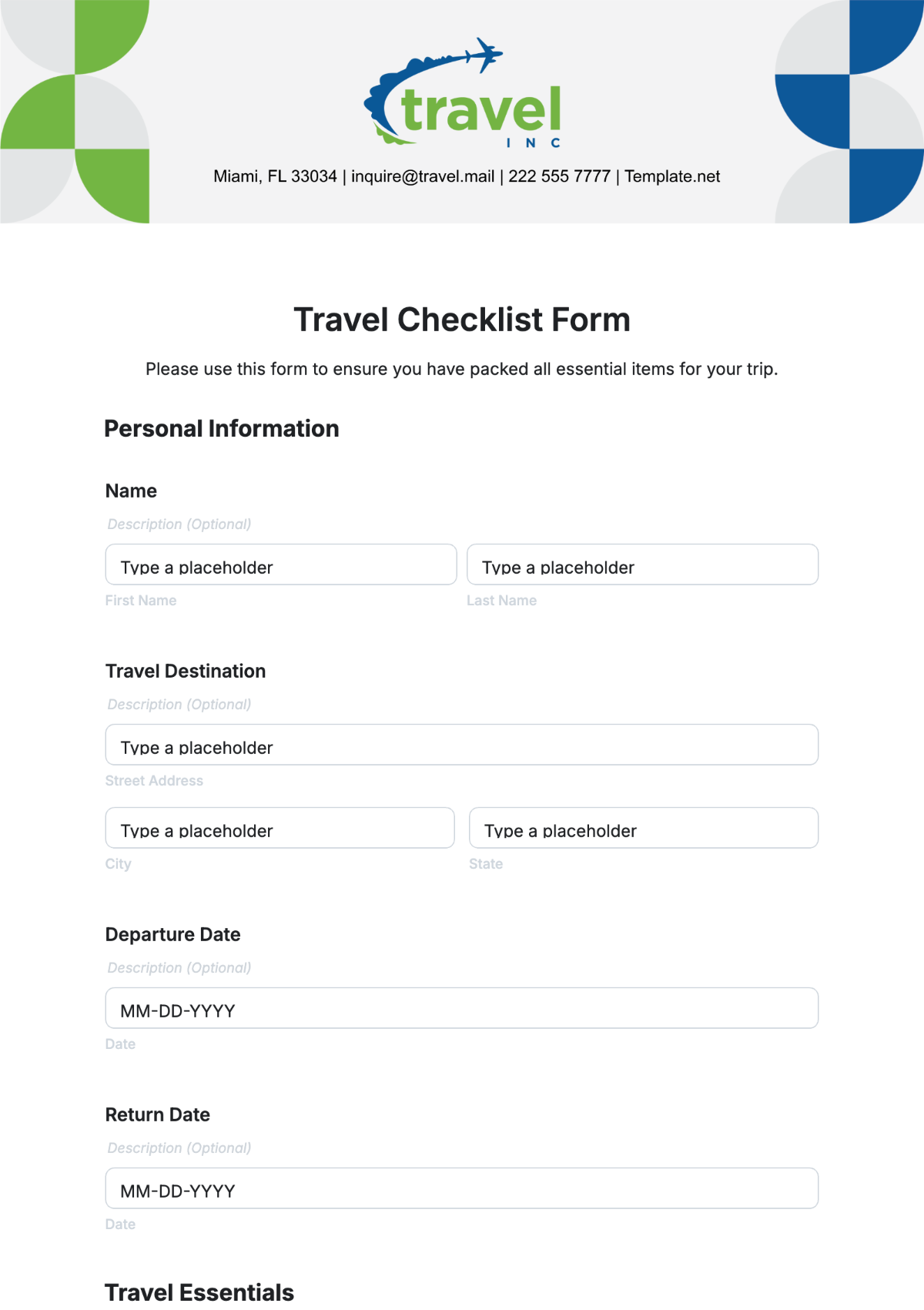 Travel Checklist Form Template - Edit Online & Download