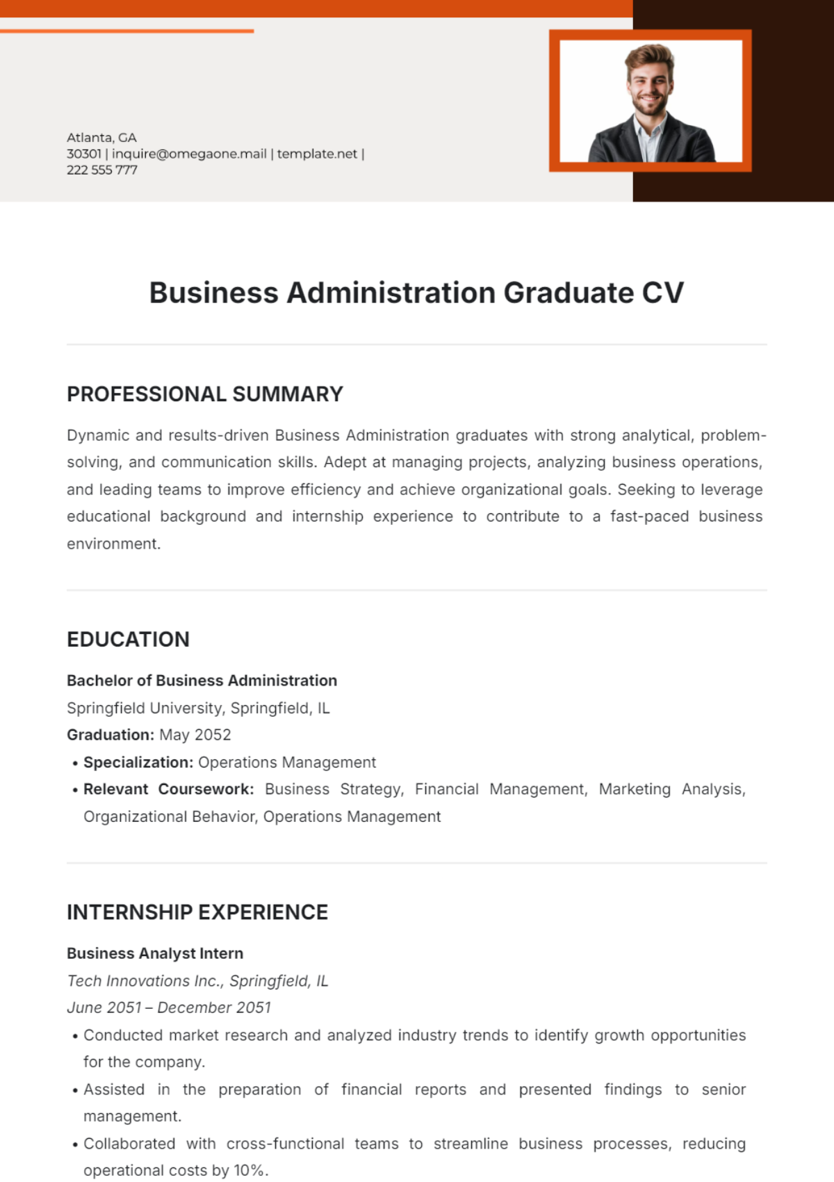 Business Administration Graduate CV Template - Edit Online & Download