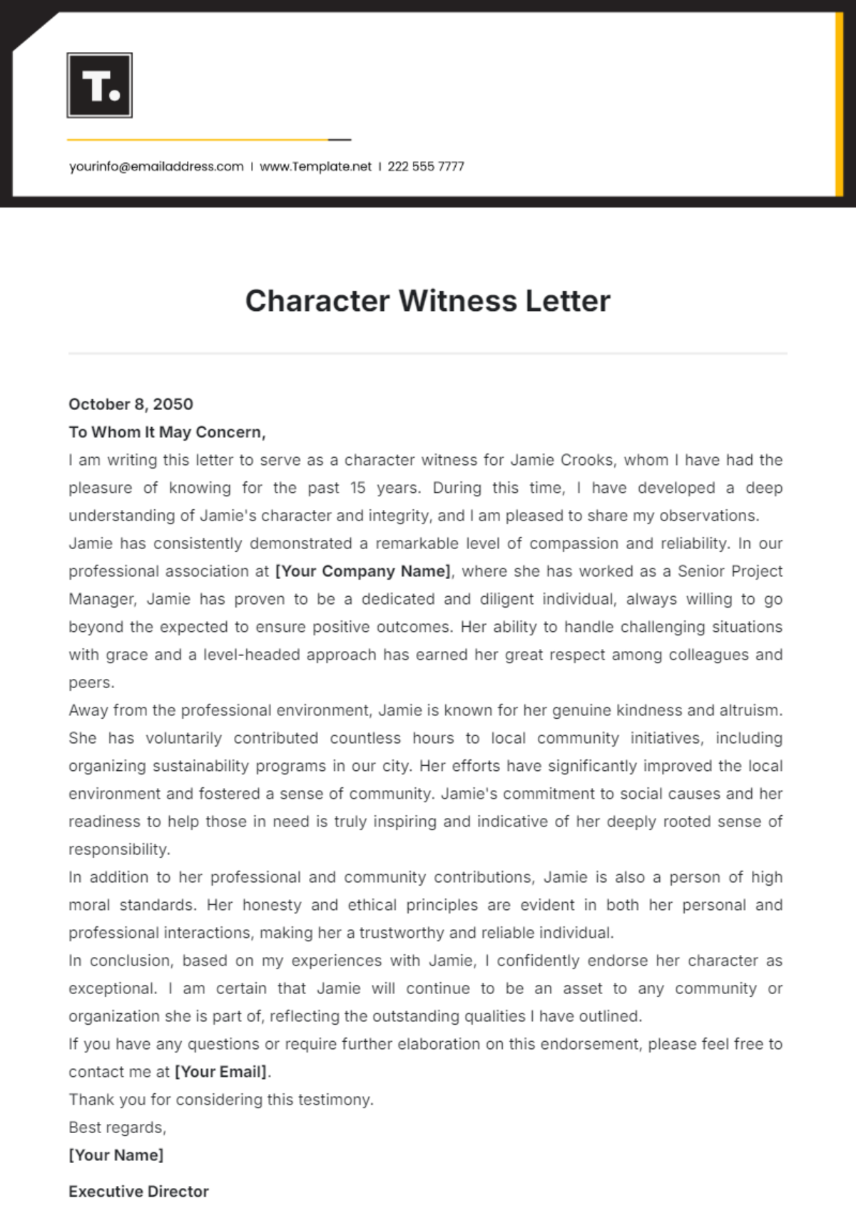 Character Witness Letter Template - Edit Online & Download