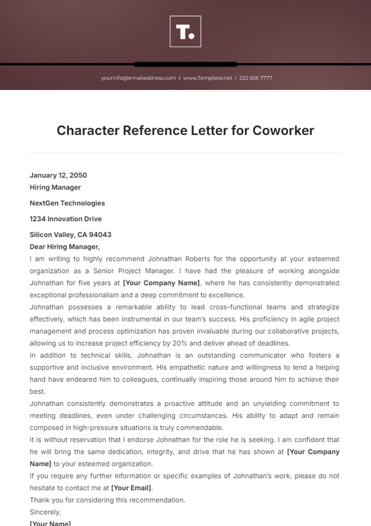 Character Reference Letter for Coworker Template - Edit Online & Download