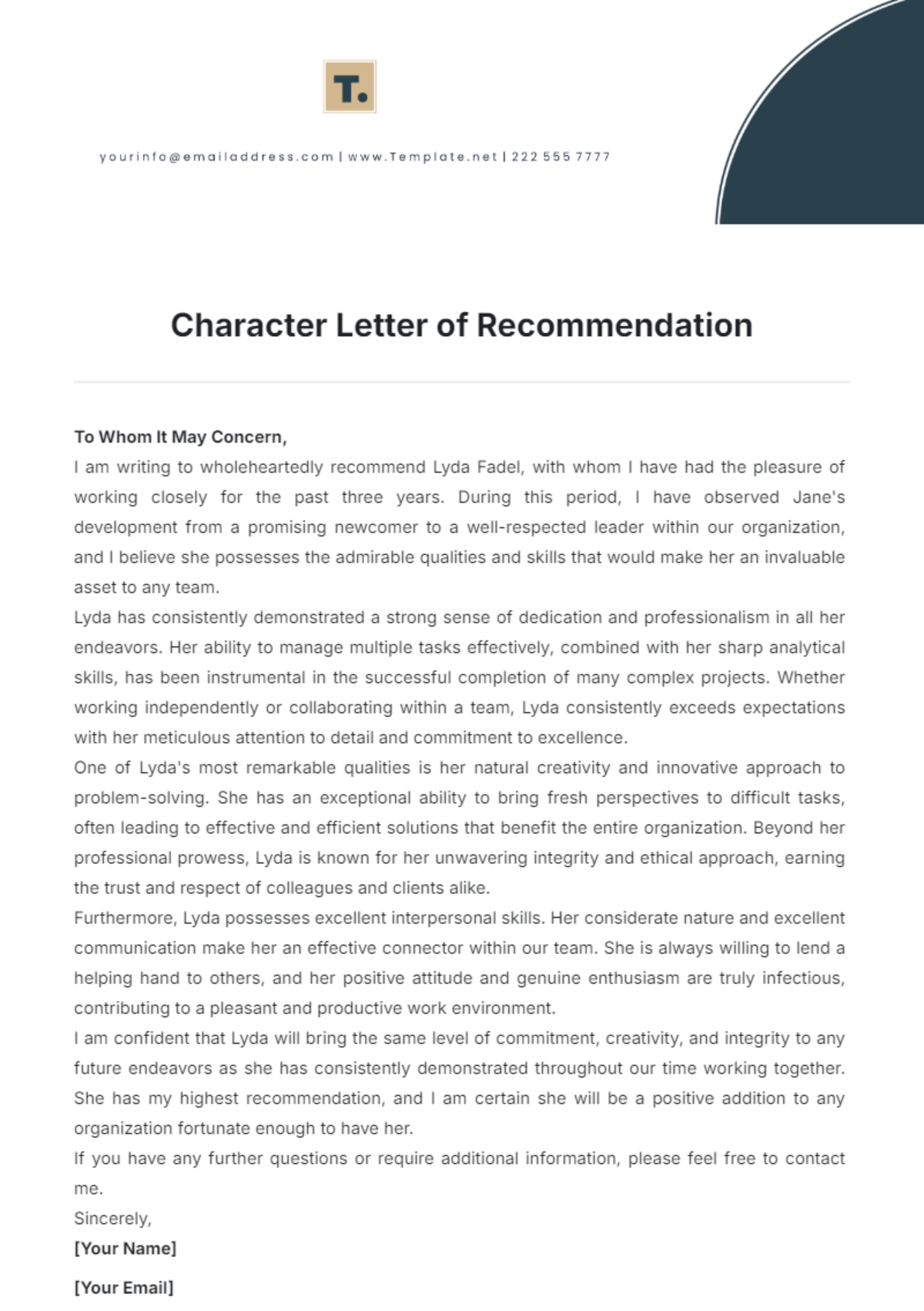 Character Letter of Recommendation Template - Edit Online & Download