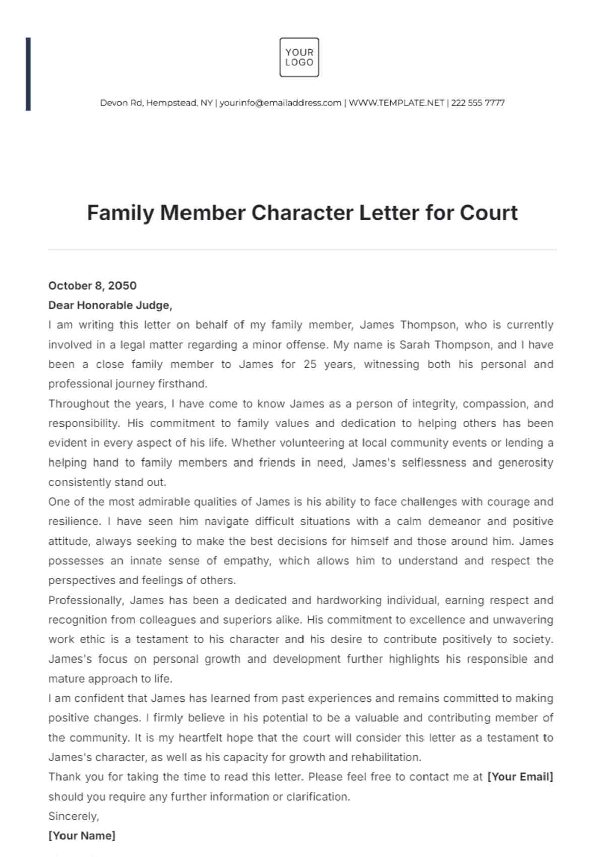 Family Member Character Letter for Court Template - Edit Online & Download