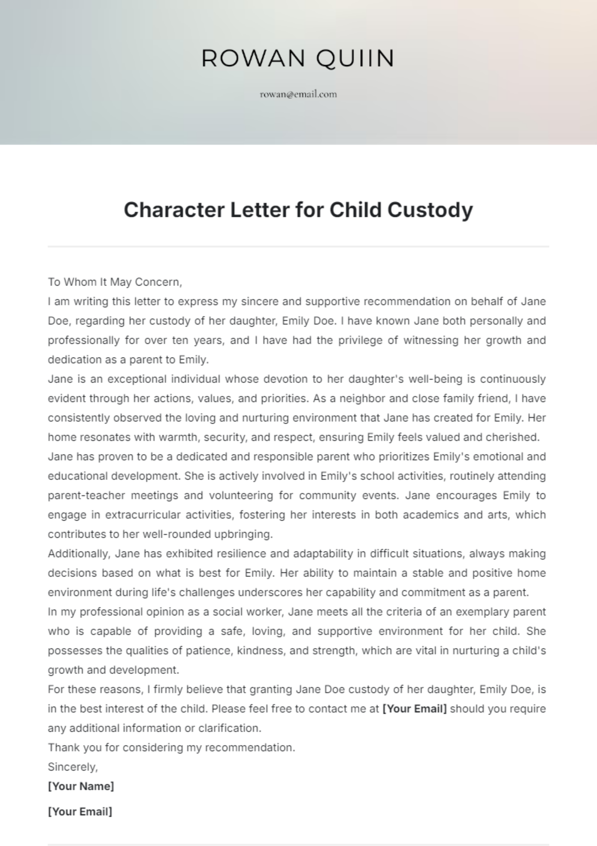 Character Letter for Child Custody Template - Edit Online & Download