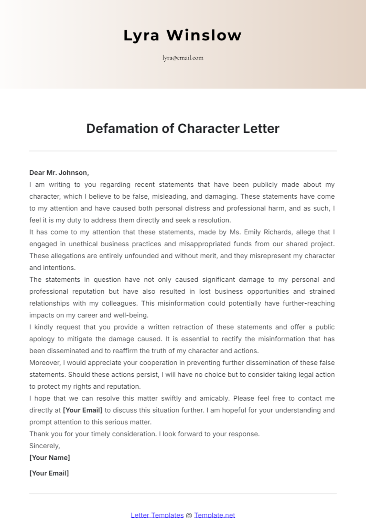 Defamation of Character Letter Template - Edit Online & Download