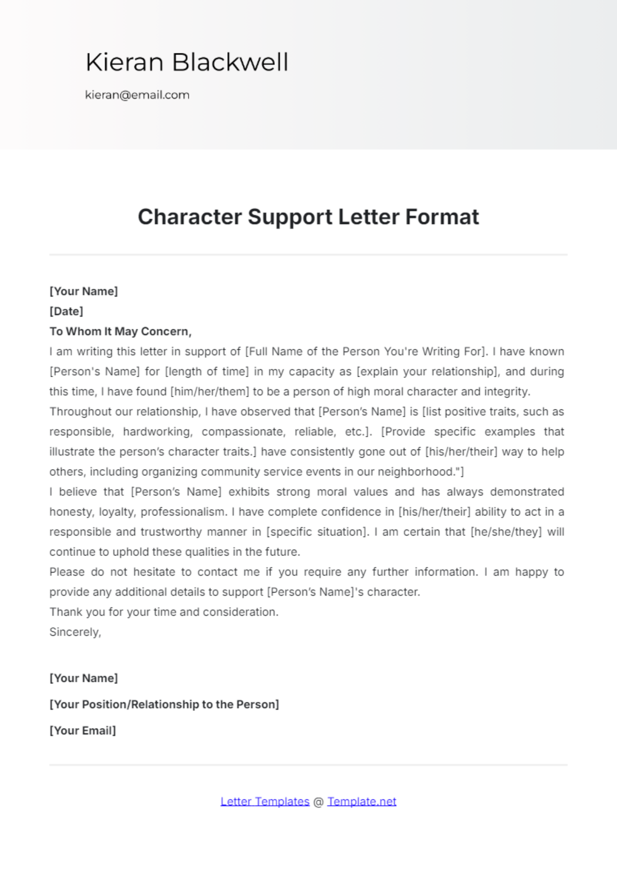 Character Support Letter Format Template - Edit Online & Download