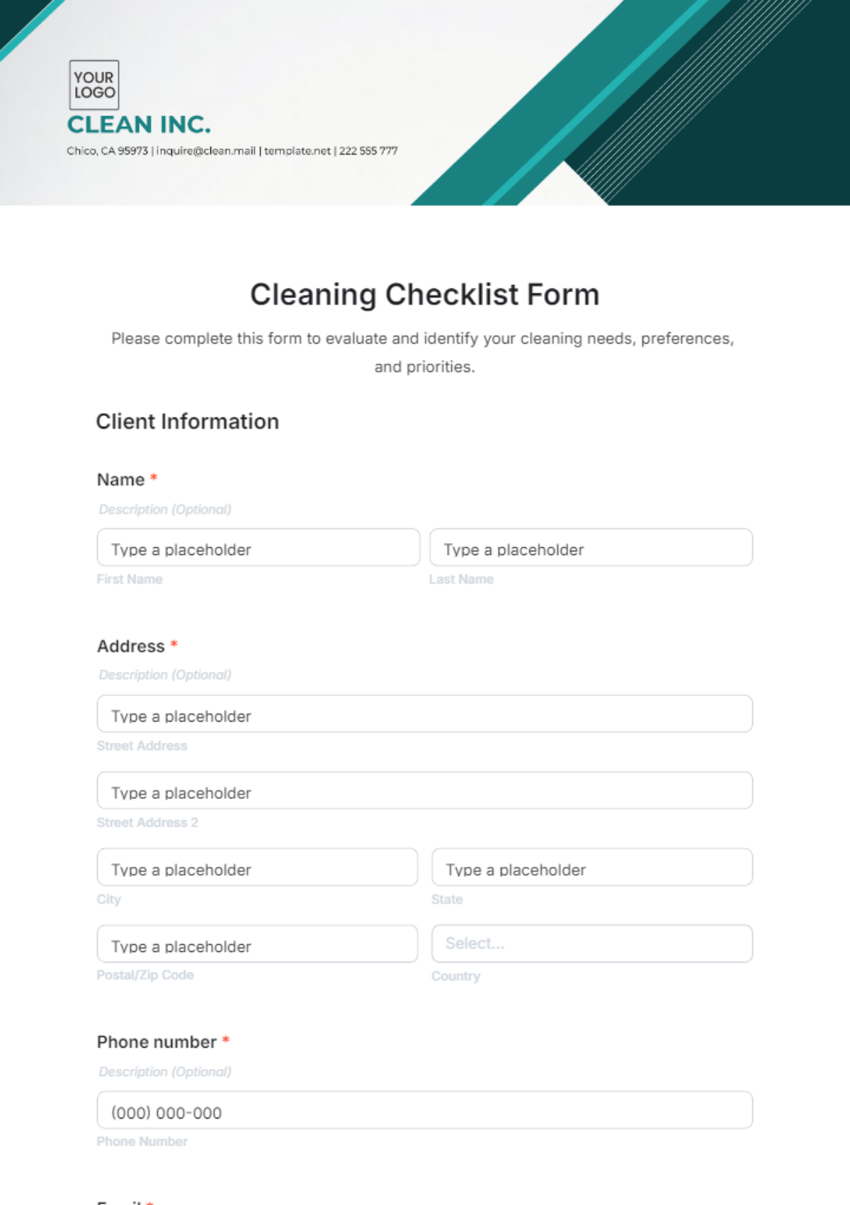 Free Cleaning Checklist Form Template