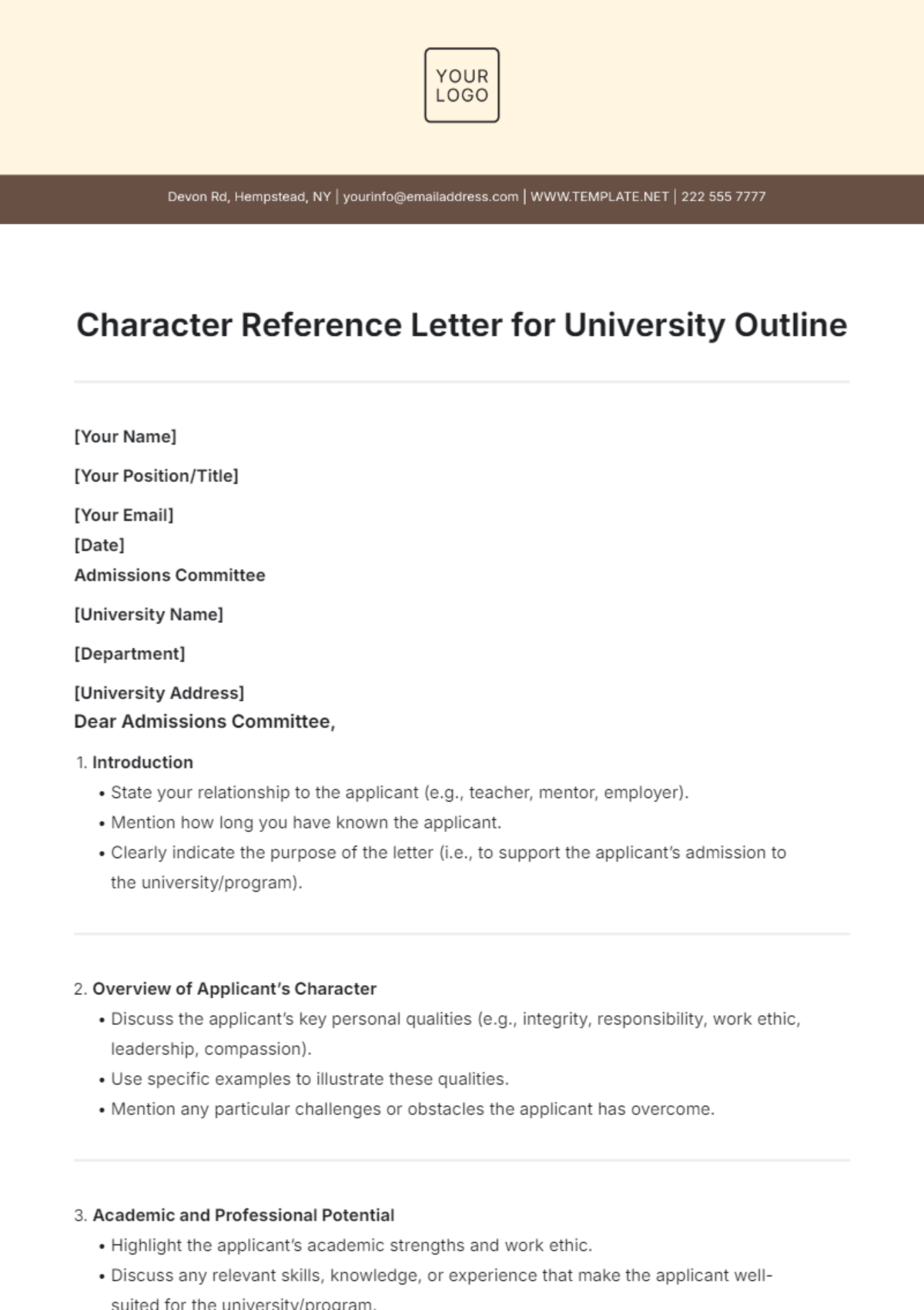 Character Reference Letter for University Outline Template - Edit Online & Download