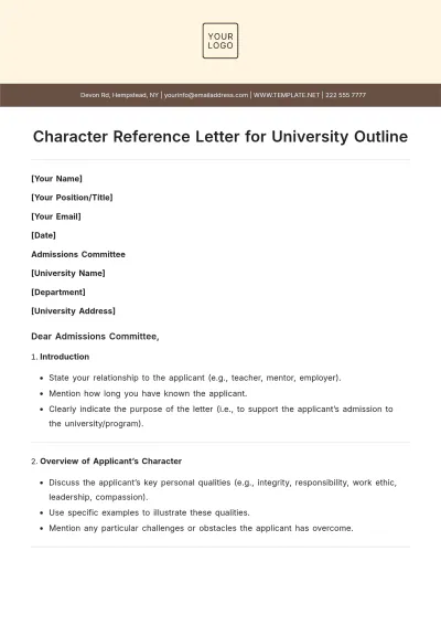 Free Character Reference Letter for University Outline Template to Edit Online