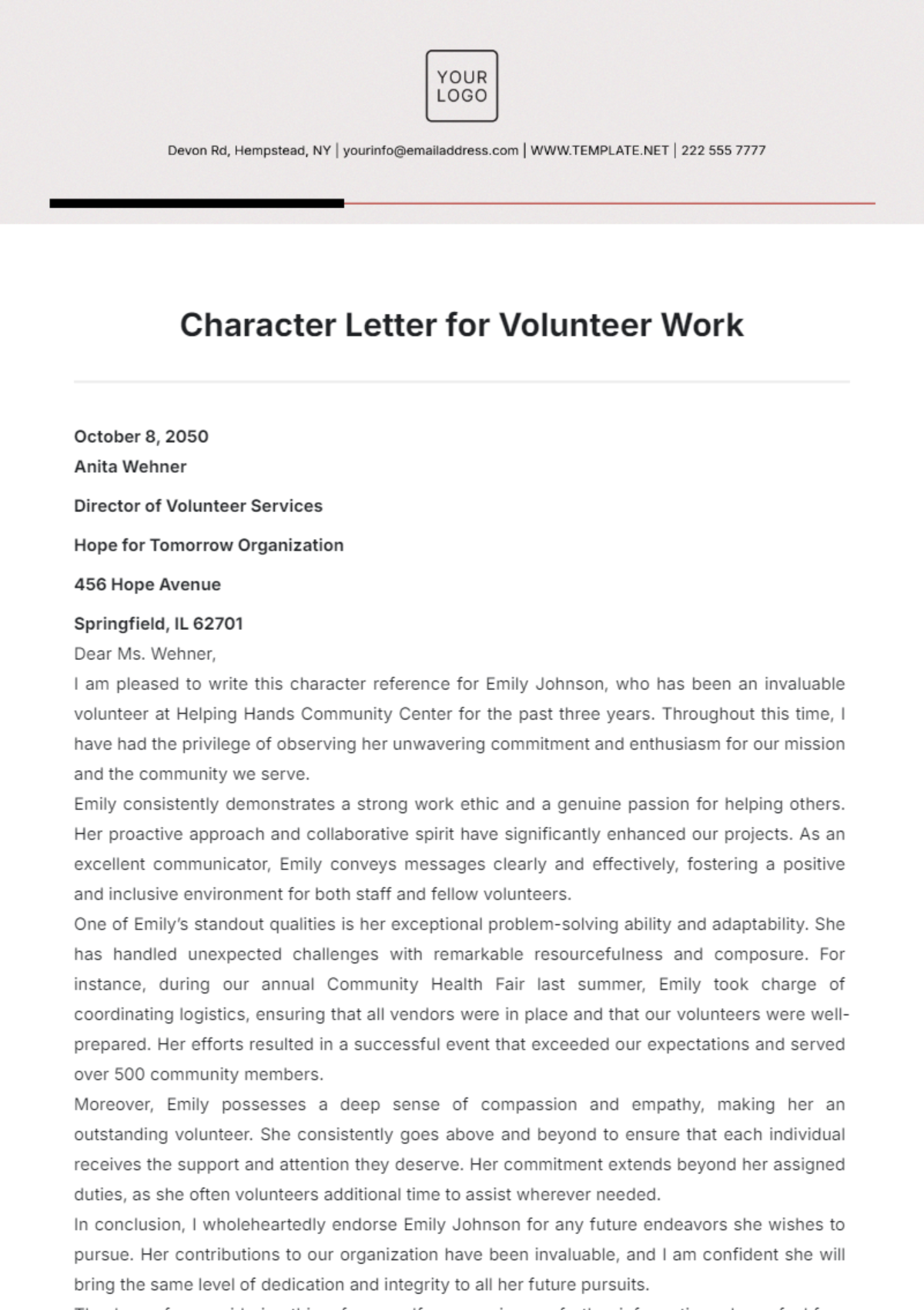 Character Letter for Volunteer Work Template - Edit Online & Download