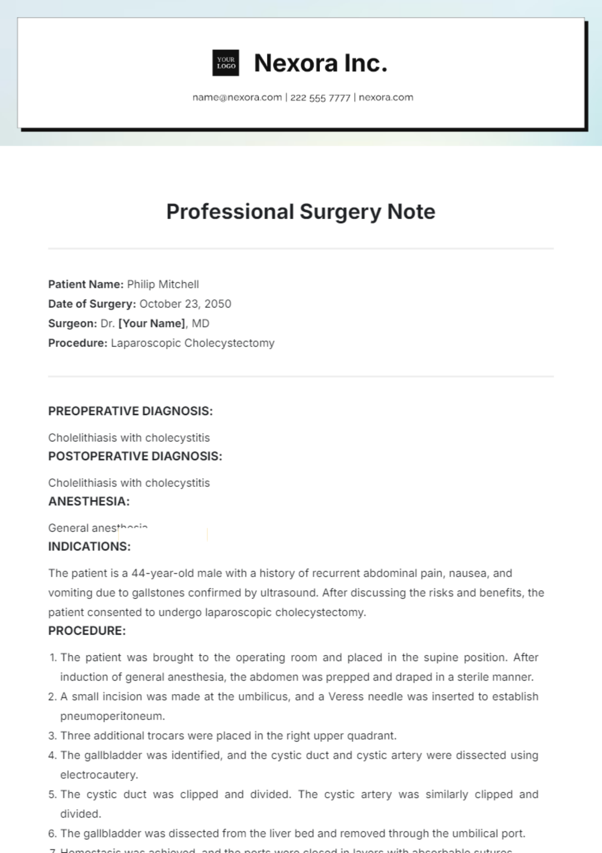 Professional Surgery Note Template - Edit Online & Download