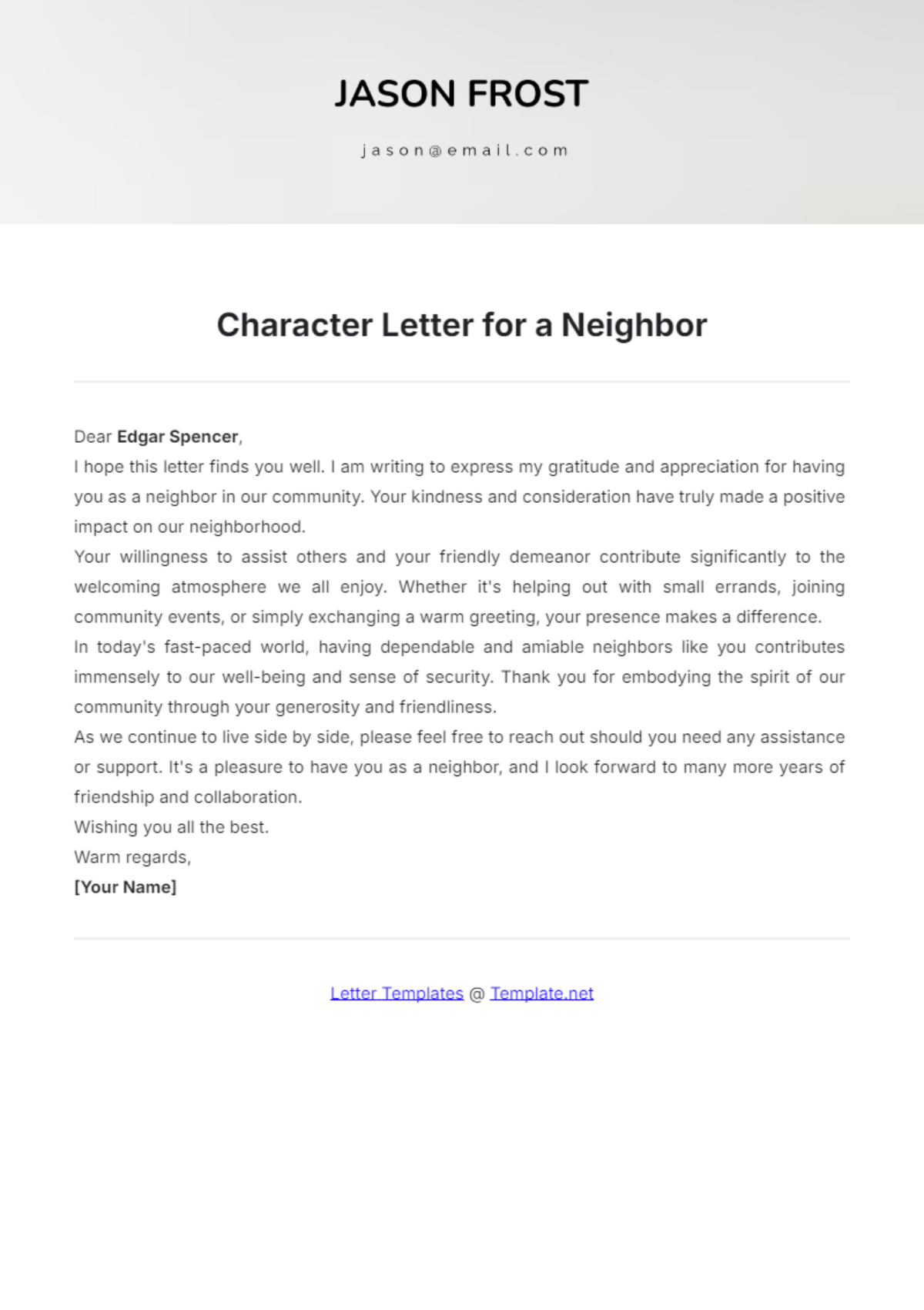 Character Letter for a Neighbor Template - Edit Online & Download