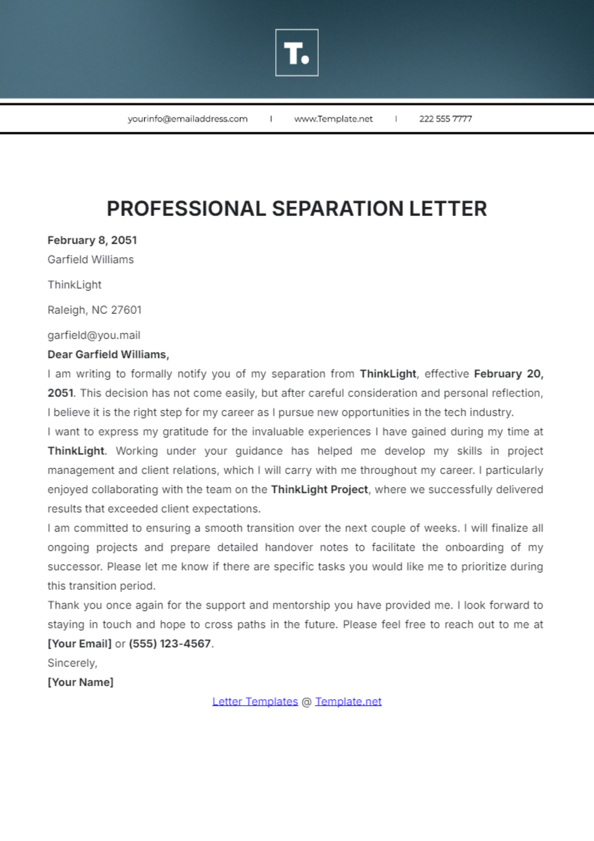 Professional Separation Letter Template - Edit Online & Download