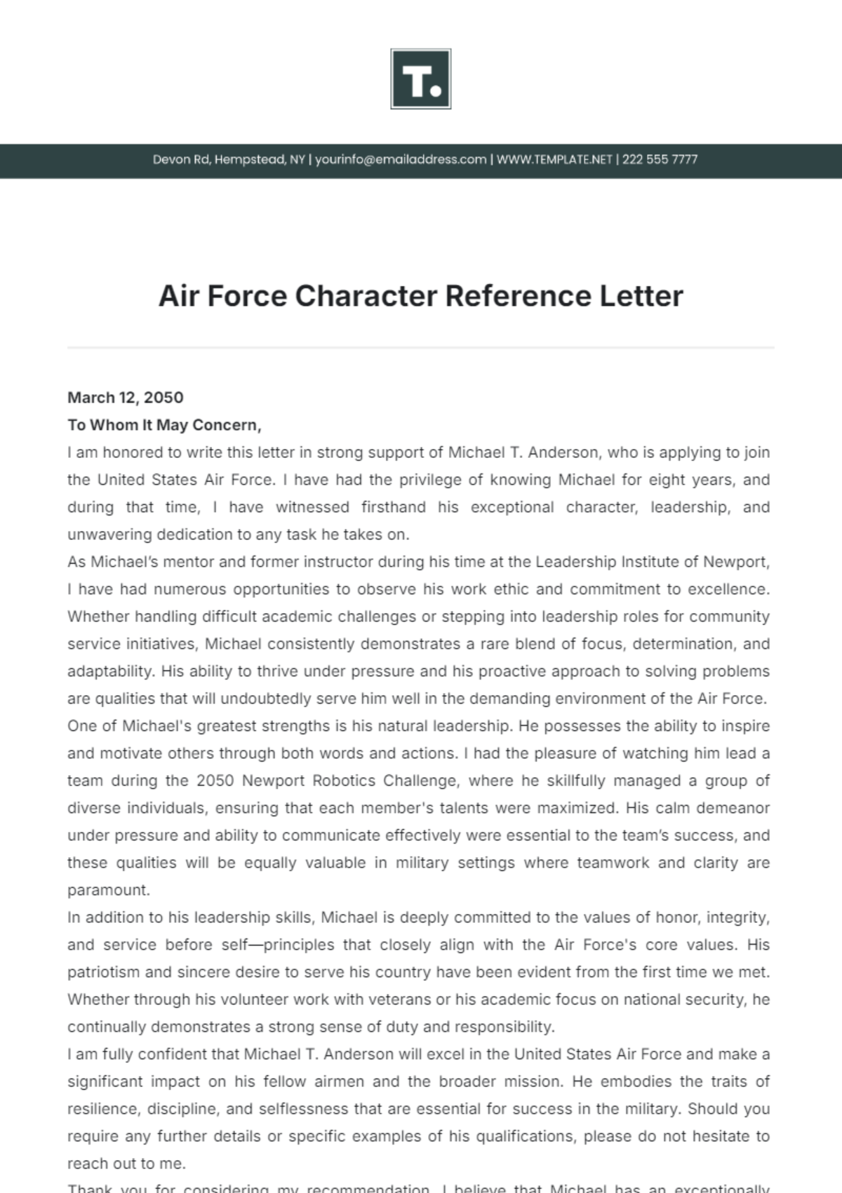 Air Force Character Reference Letter Template - Edit Online & Download