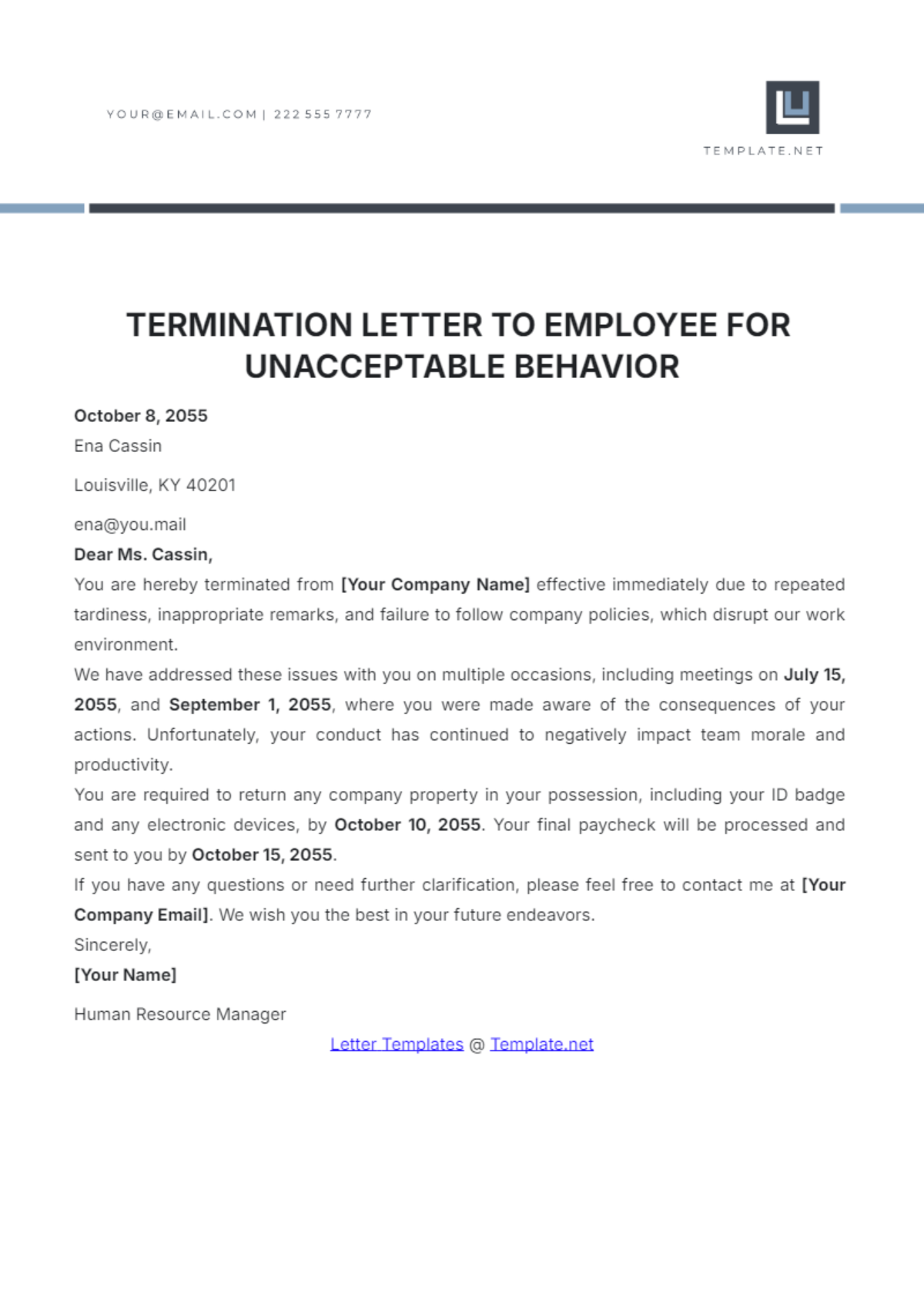 Termination Letter to Employee for Unacceptable Behavior Template - Edit Online & Download