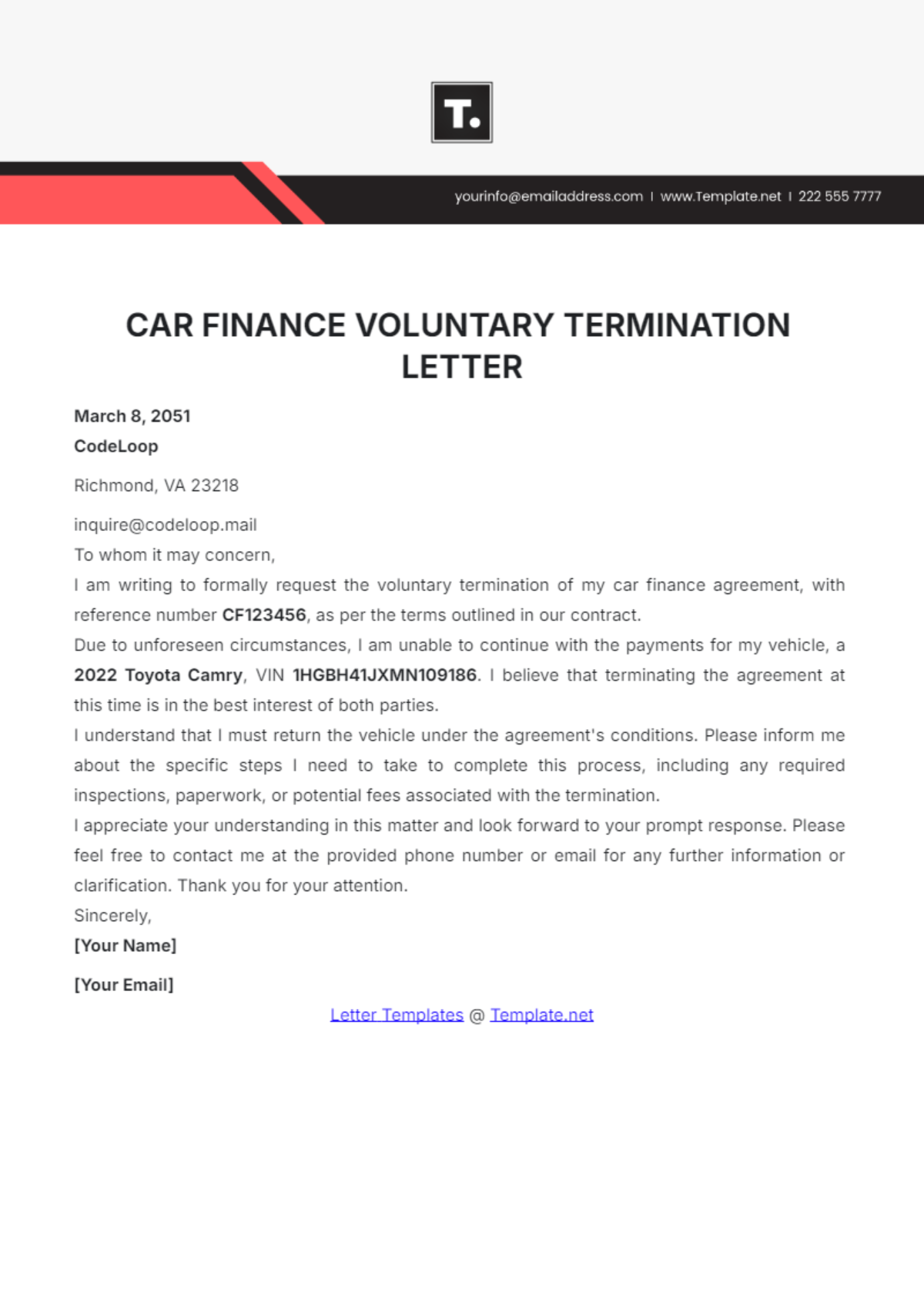 Car Finance Voluntary Termination Letter Template - Edit Online & Download