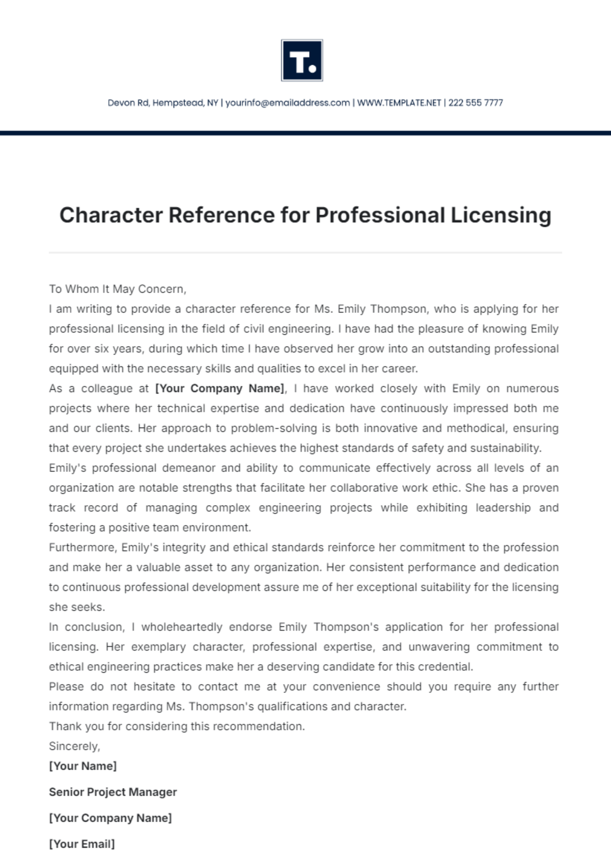 Character Reference for Professional Licensing Template - Edit Online & Download