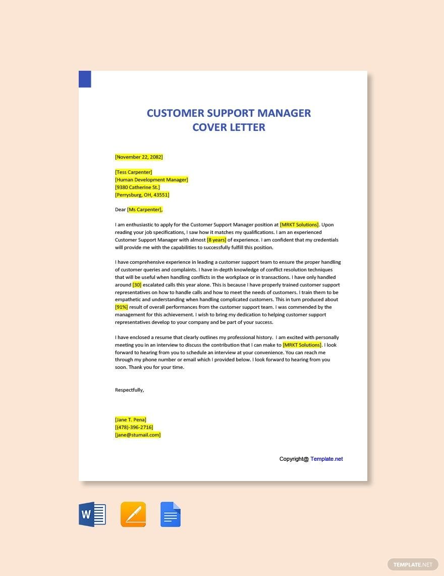 Free Customer Support Manager Cover Letter Template