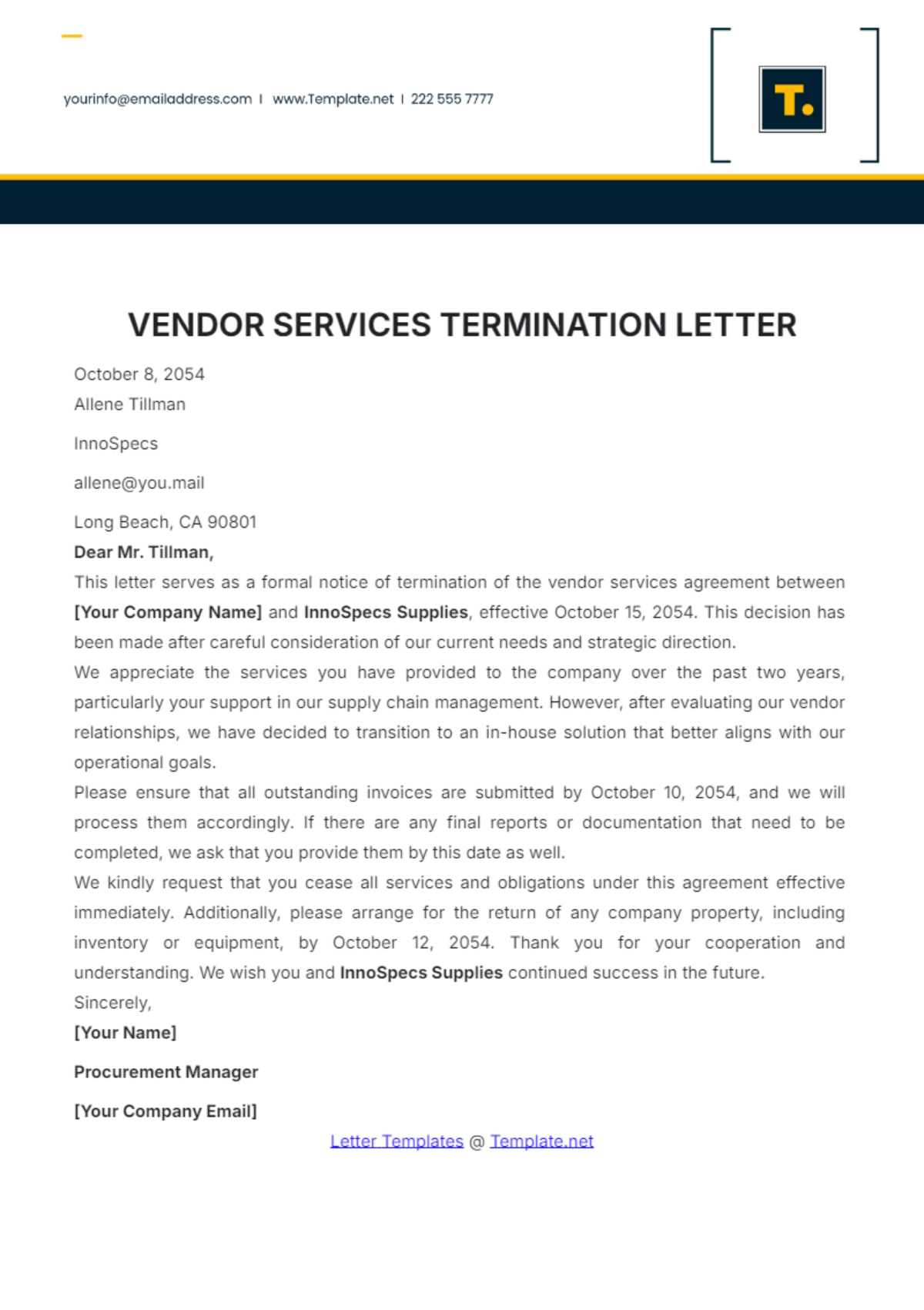 Vendor Services Termination Letter Template - Edit Online & Download