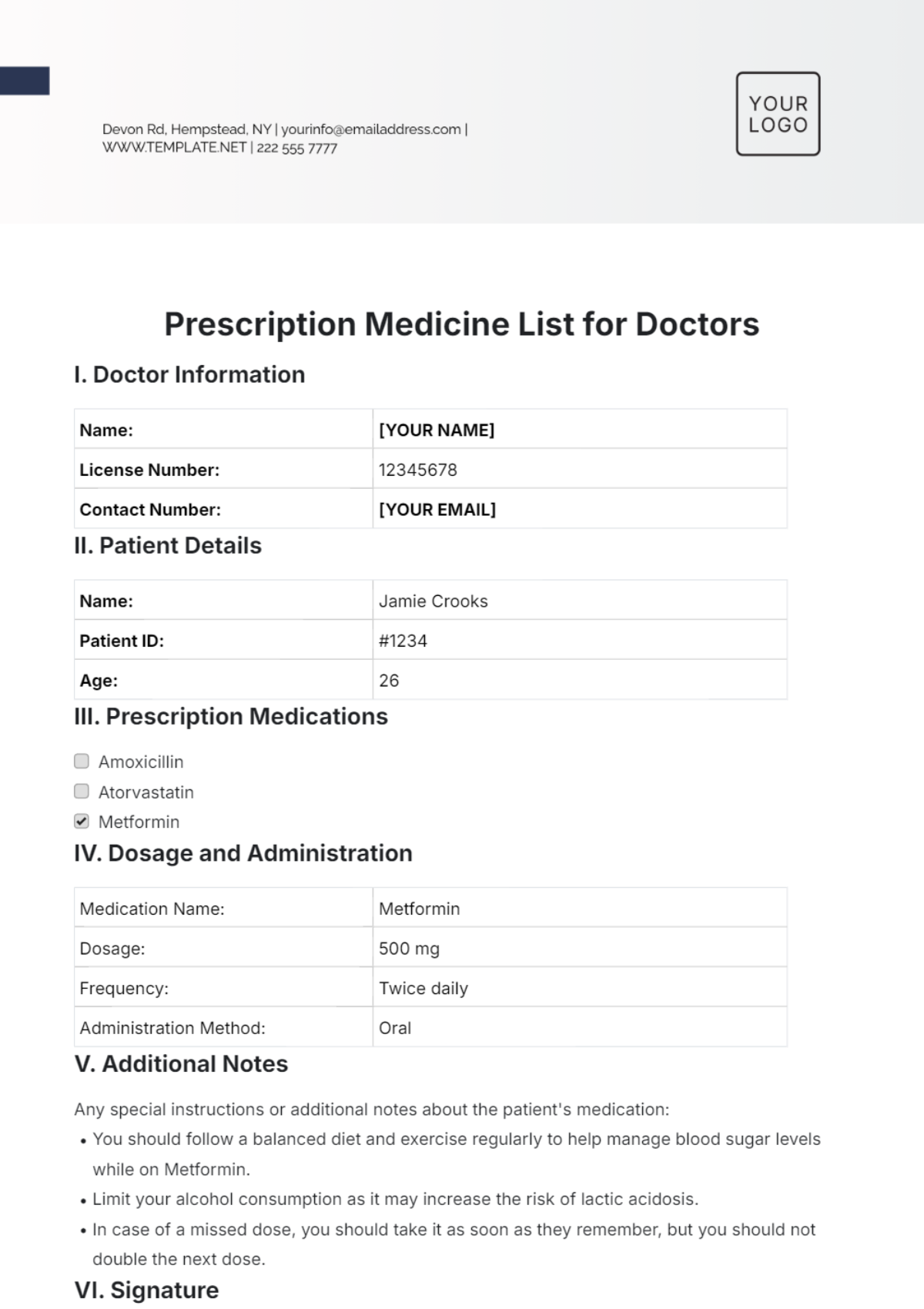 Prescription Medicine List for Doctors Template - Edit Online & Download