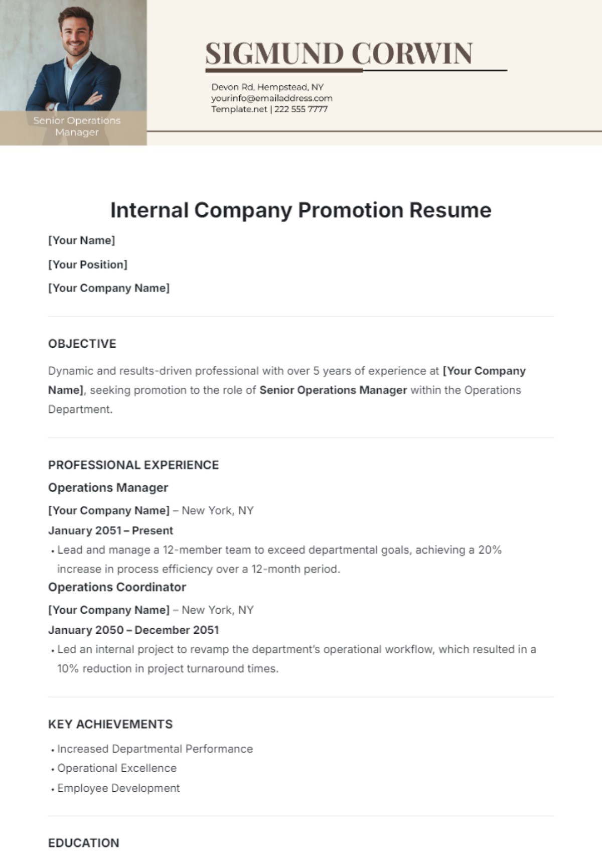 Free Internal Company Promotion Resume Template to Edit Online