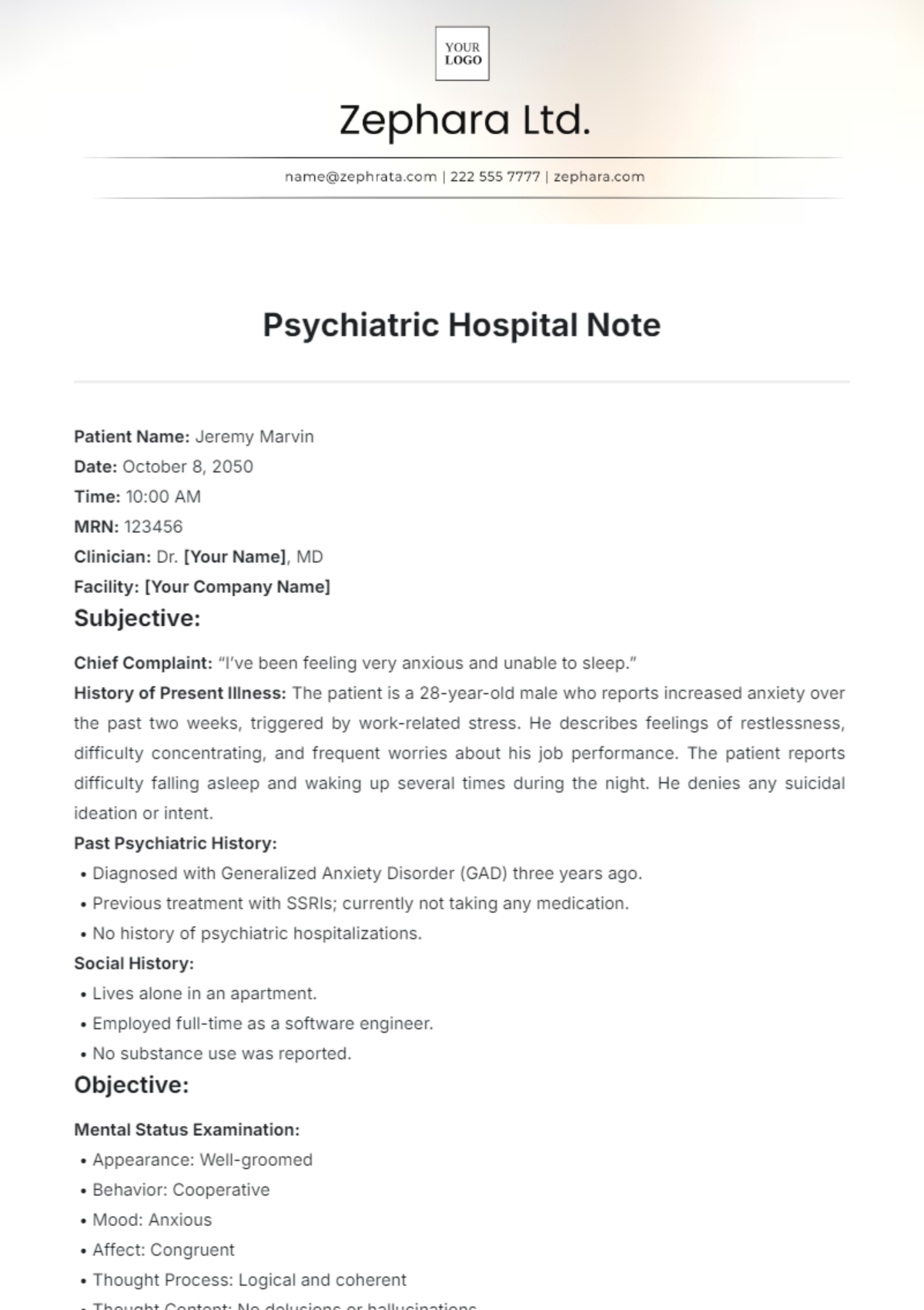 Free Psychiatric Hospital Note Template