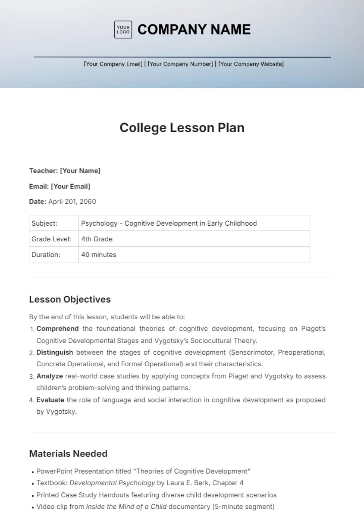 College Lesson Plan Template - Edit Online & Download