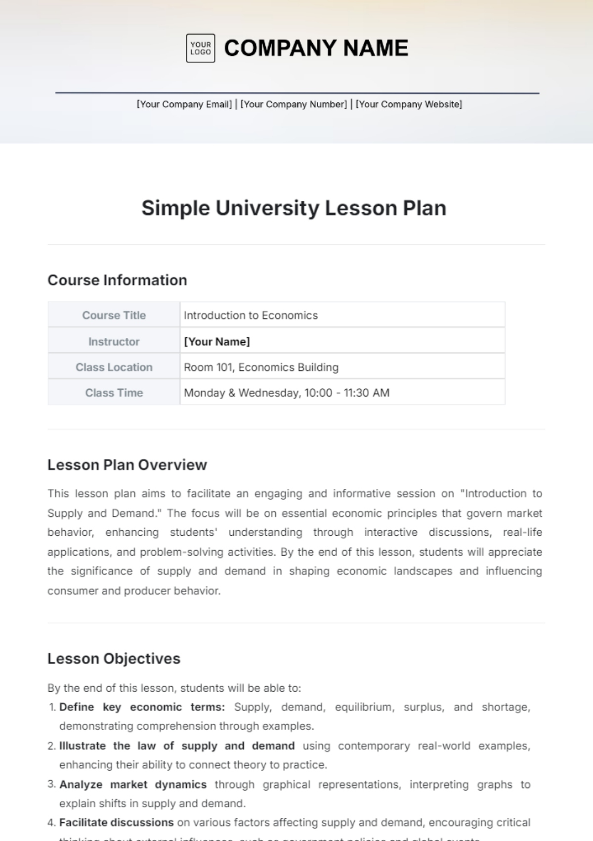 Simple University Lesson Plan Template - Edit Online & Download