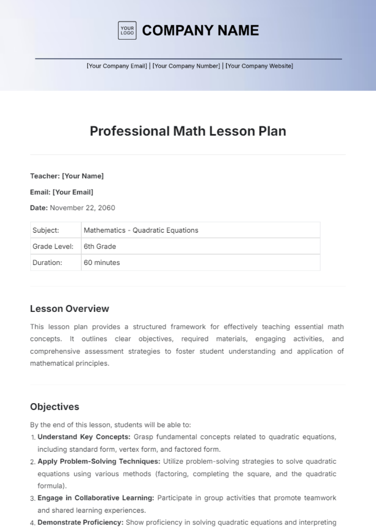 Professional Math Lesson Plan Template - Edit Online & Download