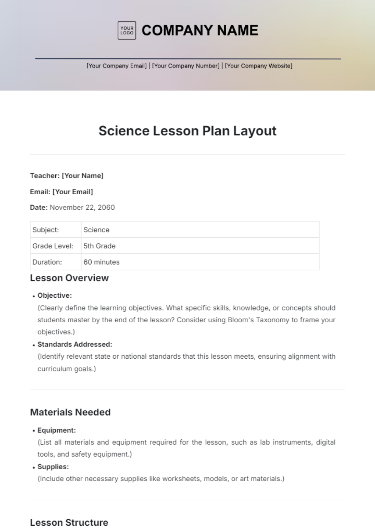 Science Lesson Plan Layout Template - Edit Online & Download