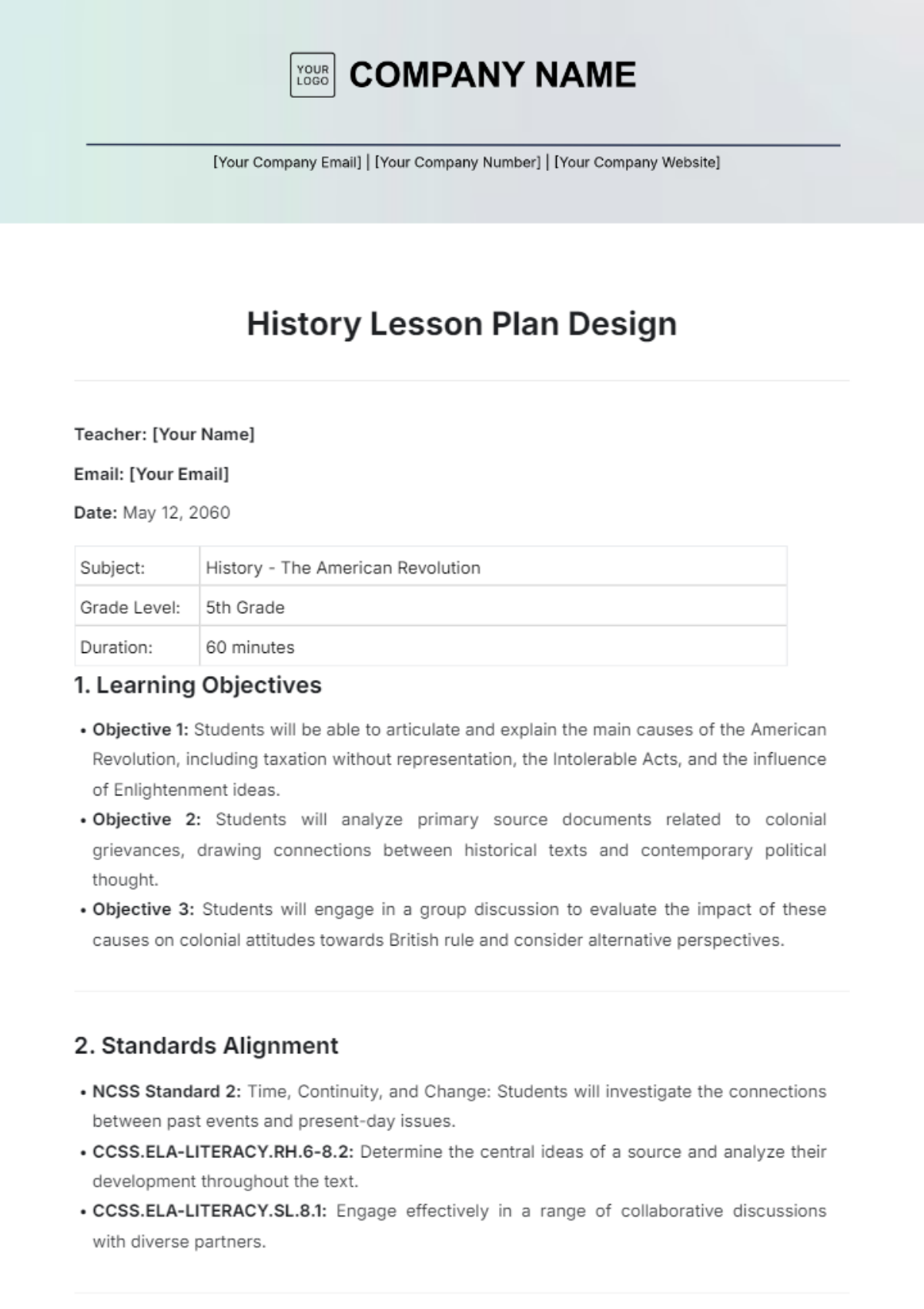 History Lesson Plan Design Template - Edit Online & Download