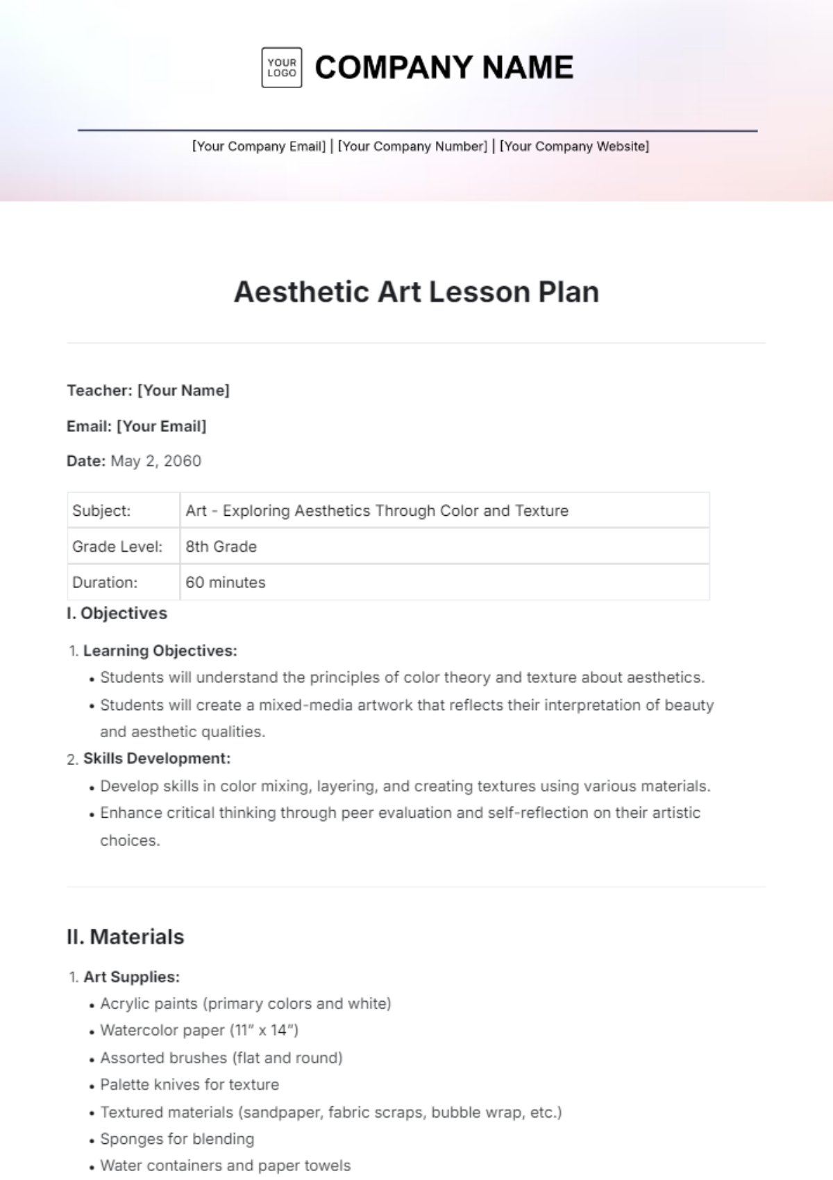 Aesthetic Art Lesson Plan Template - Edit Online & Download