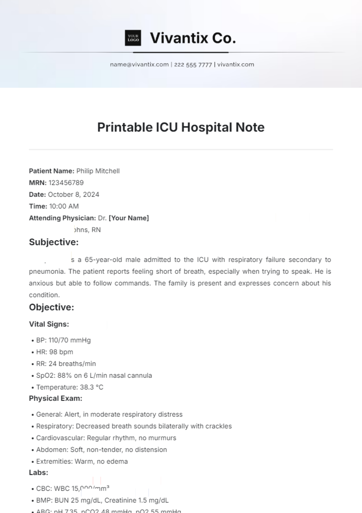 Free Printable ICU Hospital Note Template