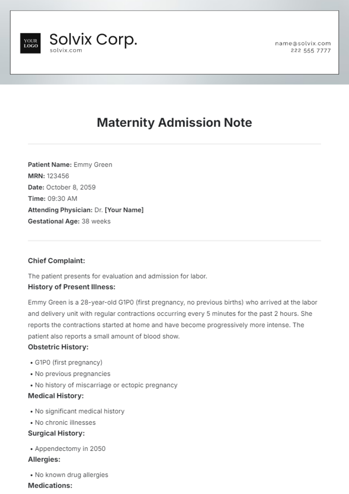 Free Maternity Admission Note Template