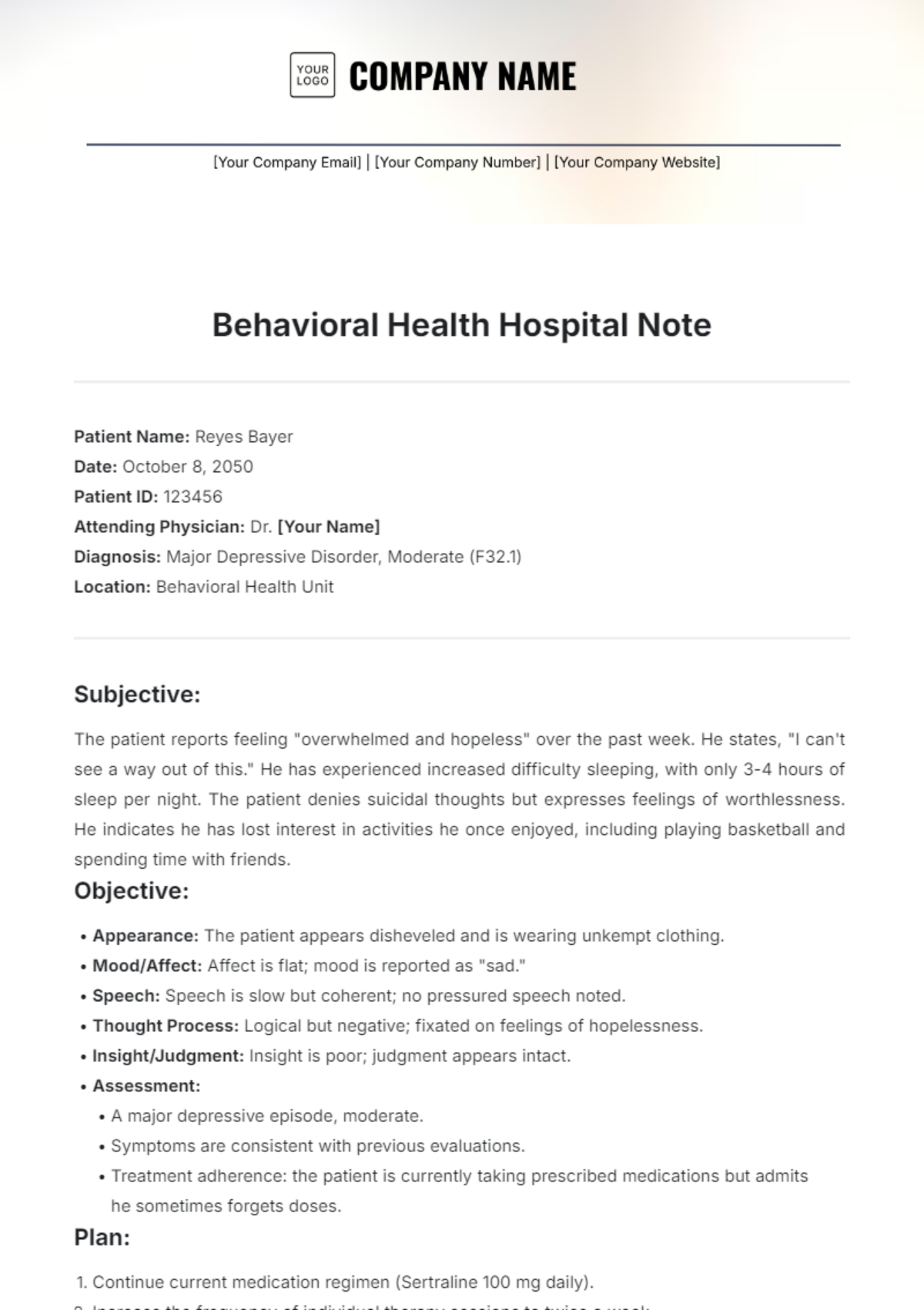 Free Behavioral Health Hospital Note Template