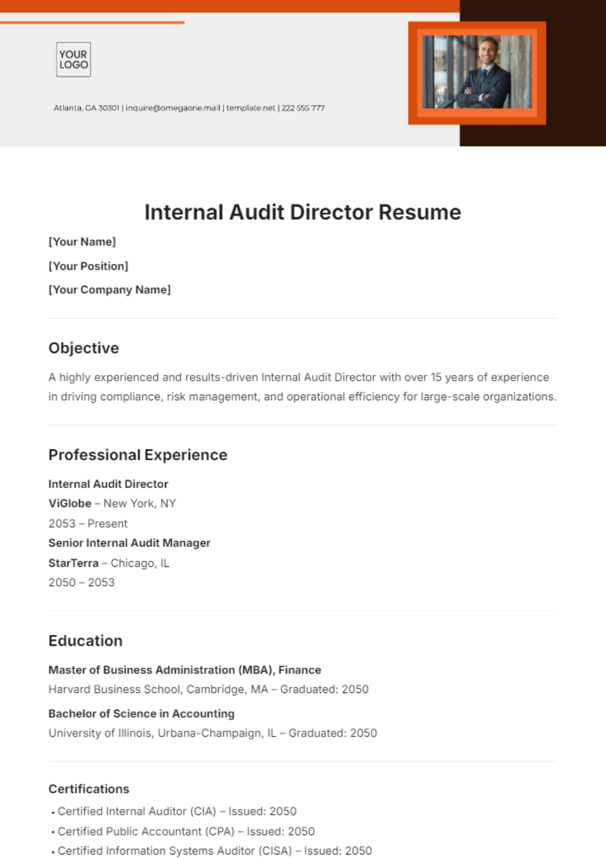 Internal Audit Director Resume Template - Edit Online & Download