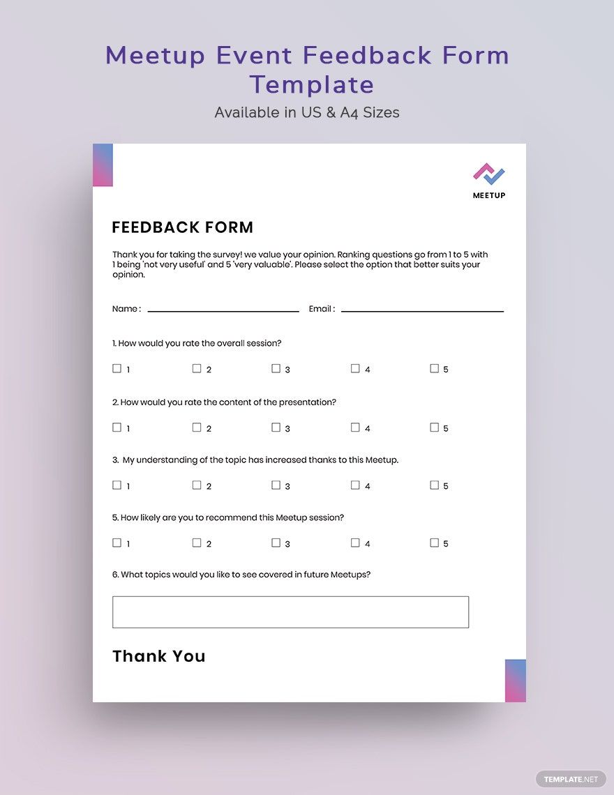 Meetup Event Feedback Form Template in PSD, Illustrator, Word, InDesign, Pages, Publisher, Google Docs - Download | Template.net