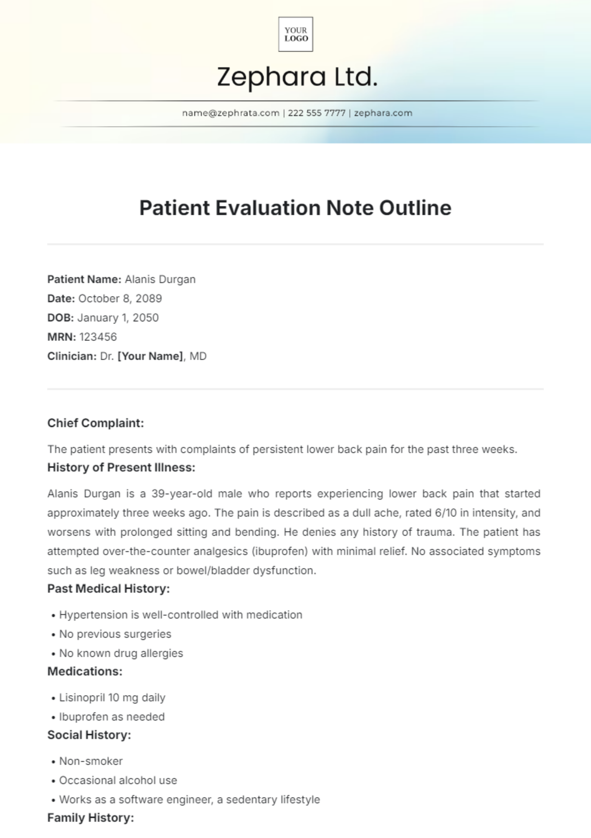 Patient Evaluation Note Outline Template - Edit Online & Download