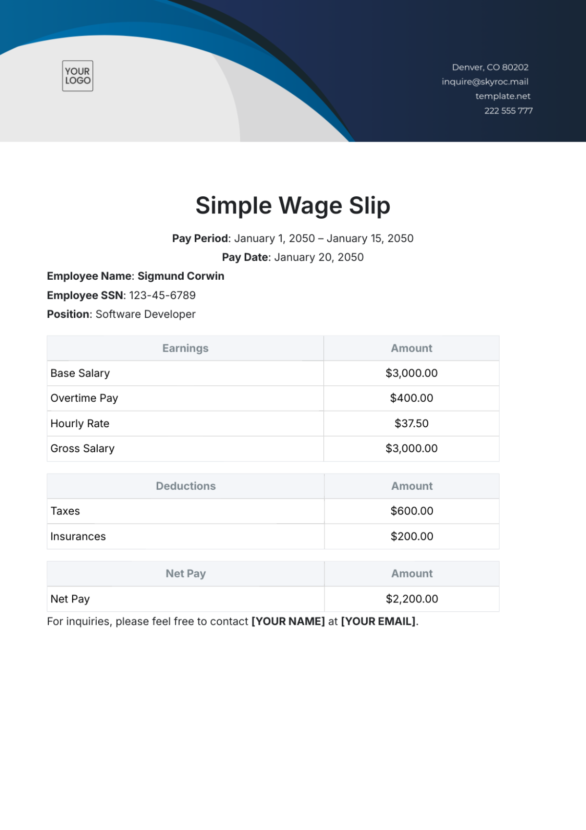 Free Simple Wage Slip Template