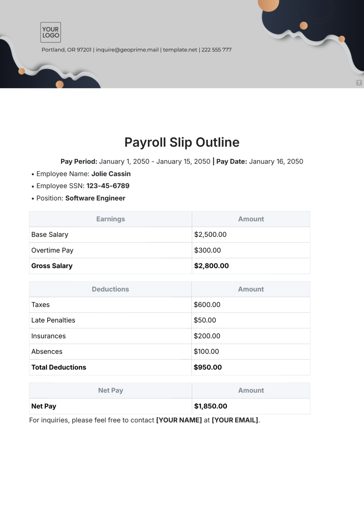 Free Payroll Slip Outline Template