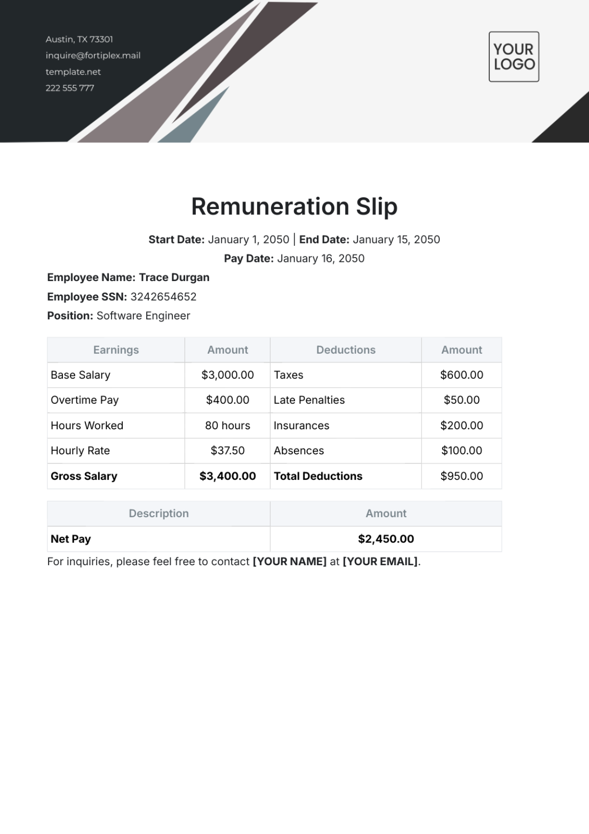 Remuneration Slip Template