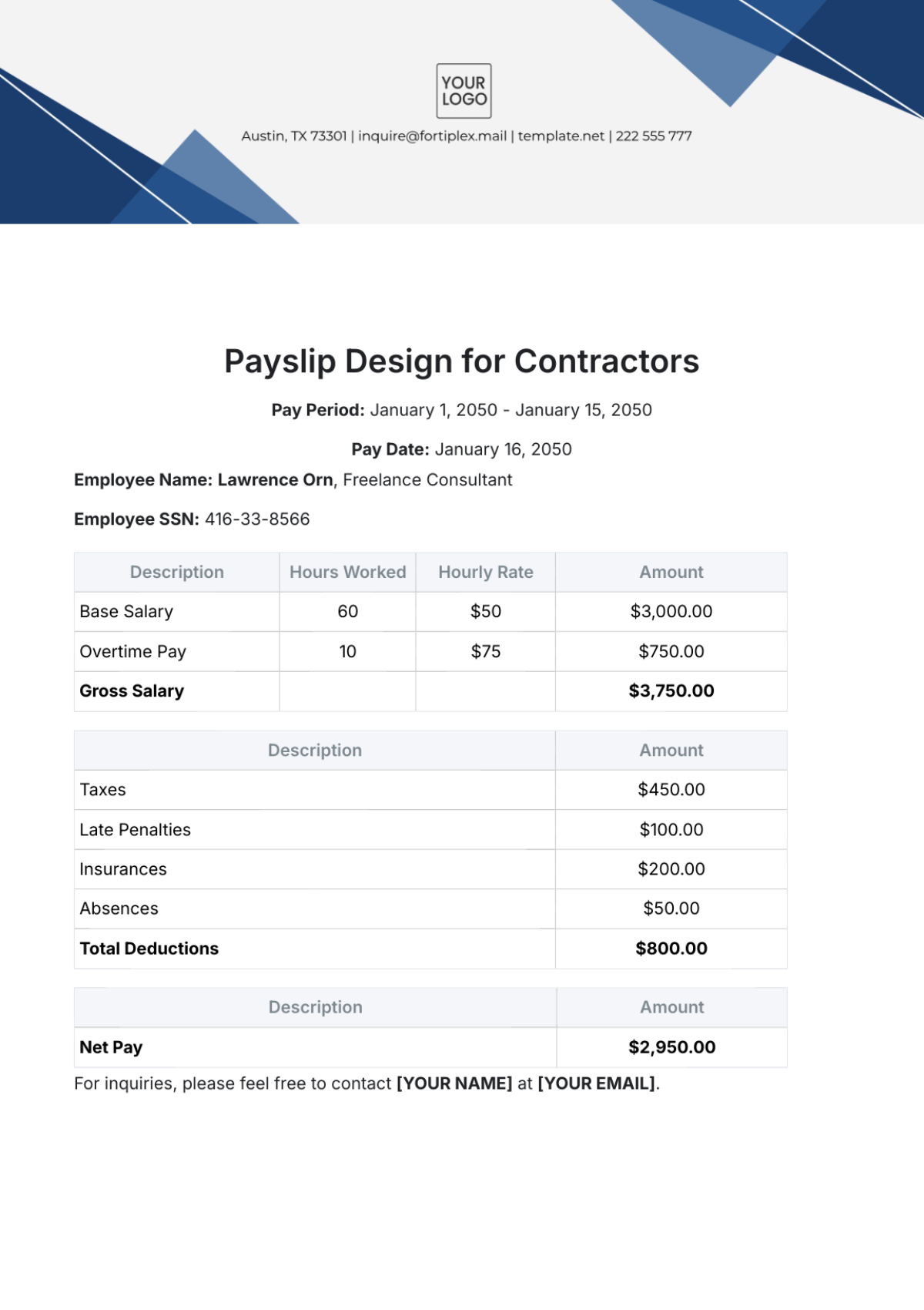 Payslip Template Design for Contractors - Edit Online & Download