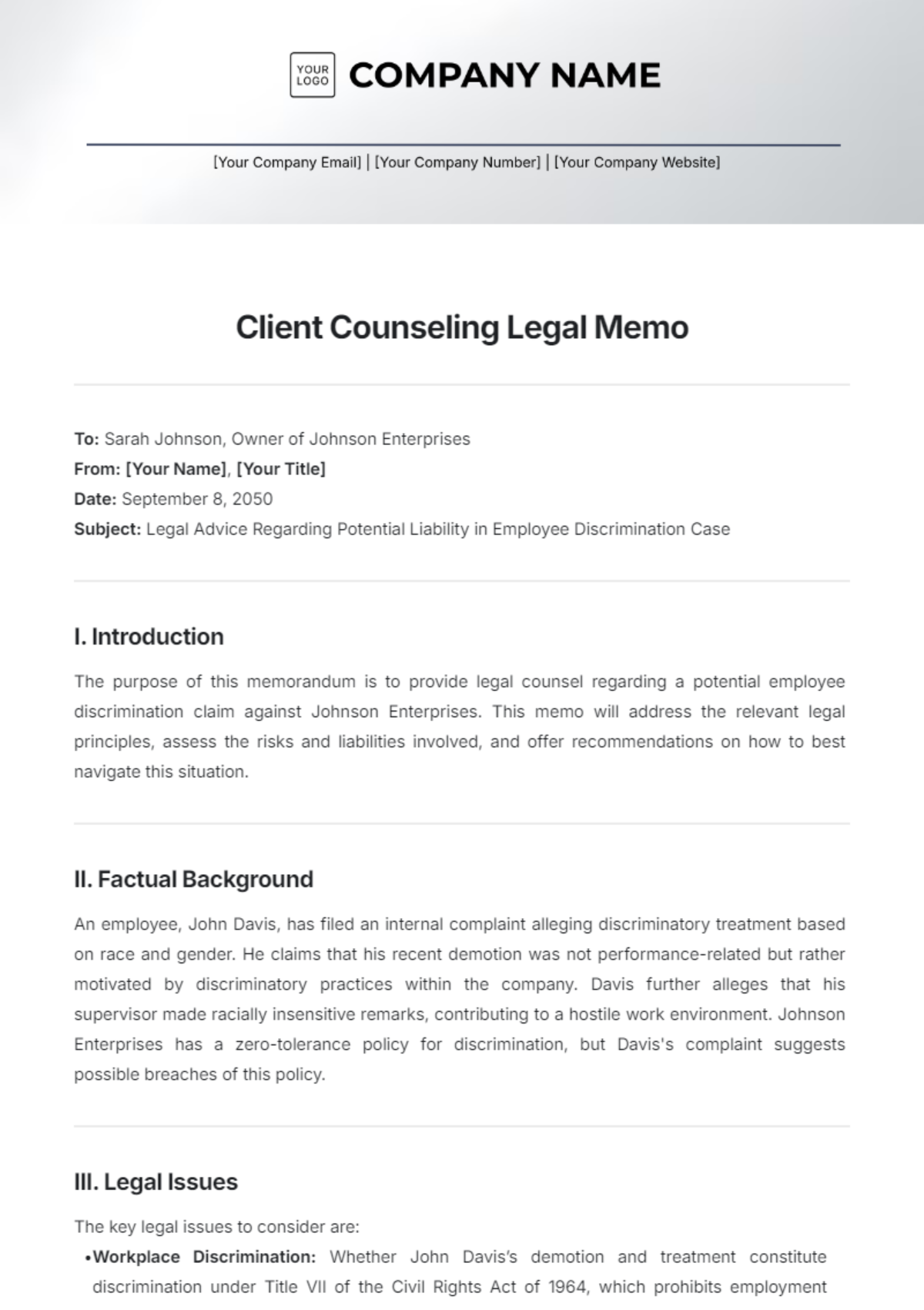 Client Counseling Legal Memo Template - Edit Online & Download