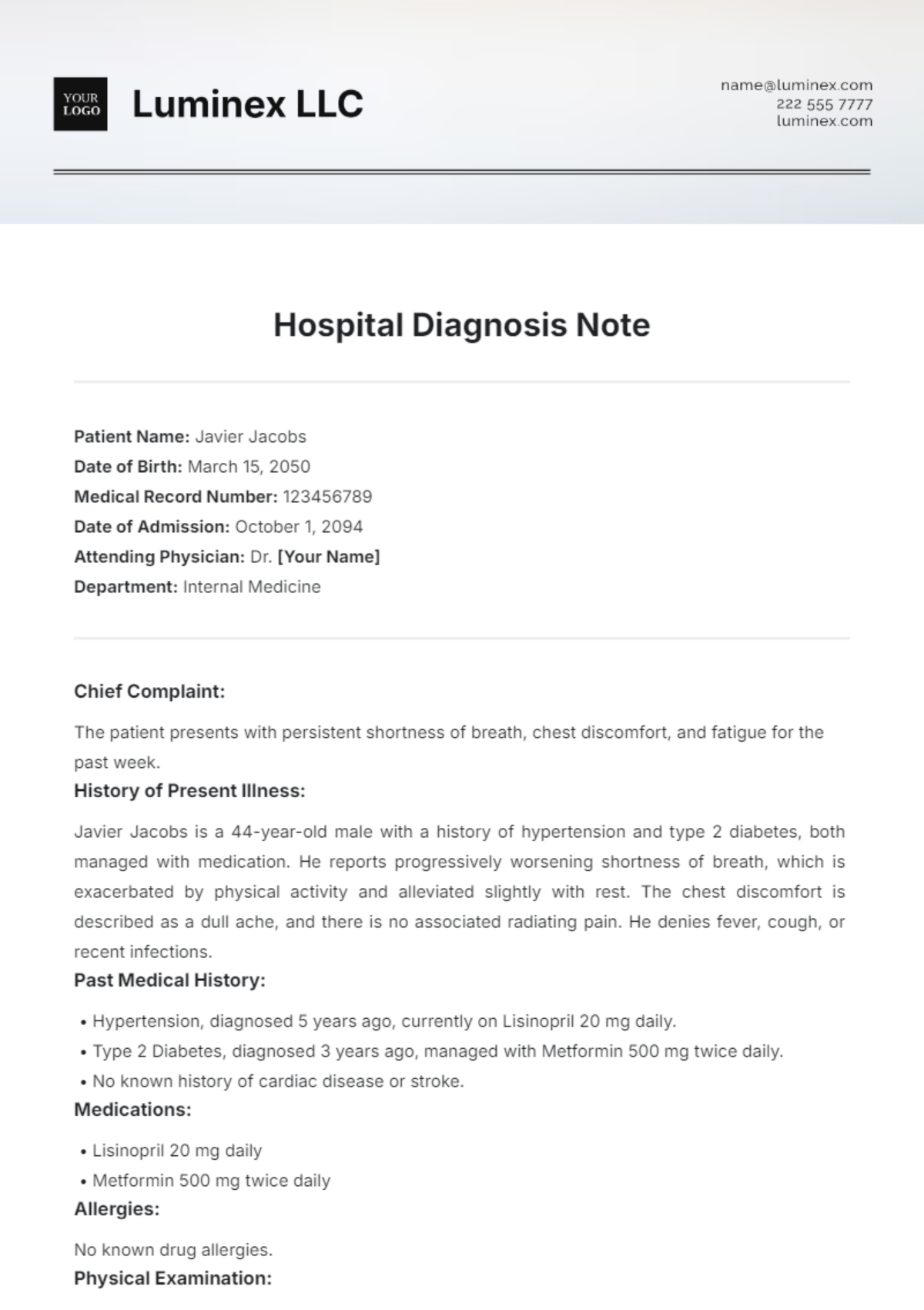 Free Hospital Diagnosis Note Template