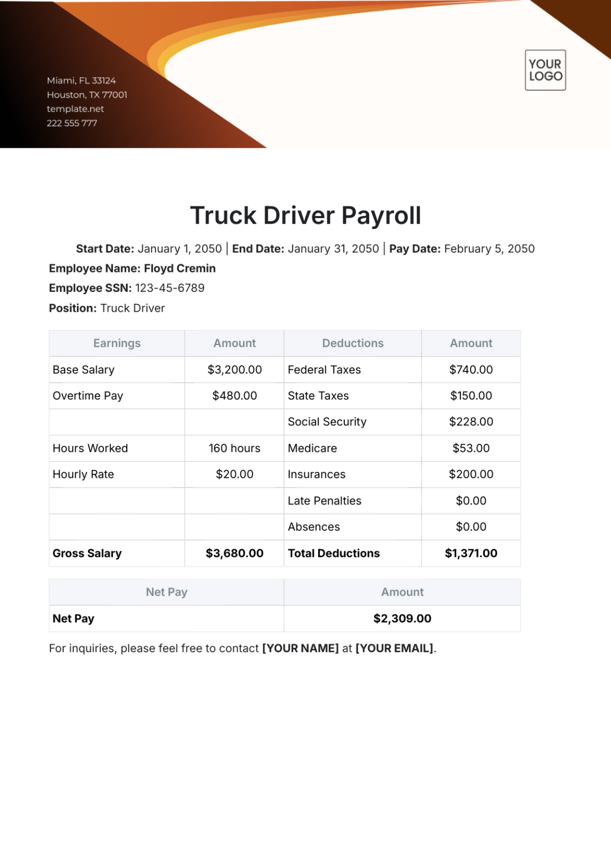 Free Truck Driver Payroll Template